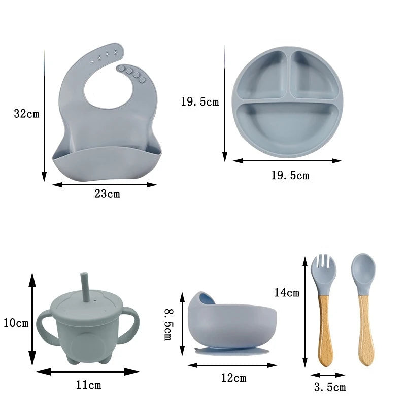 Children'S Dishes Set Baby Silicone 6/8-Piece Tableware Set Suction Cups Forks Spoons Bibs Straws Cups Mother and Baby Supplies