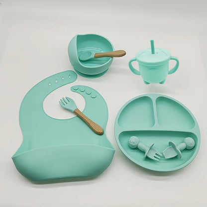 Children'S Dishes Set Baby Silicone 6/8-Piece Tableware Set Suction Cups Forks Spoons Bibs Straws Cups Mother and Baby Supplies