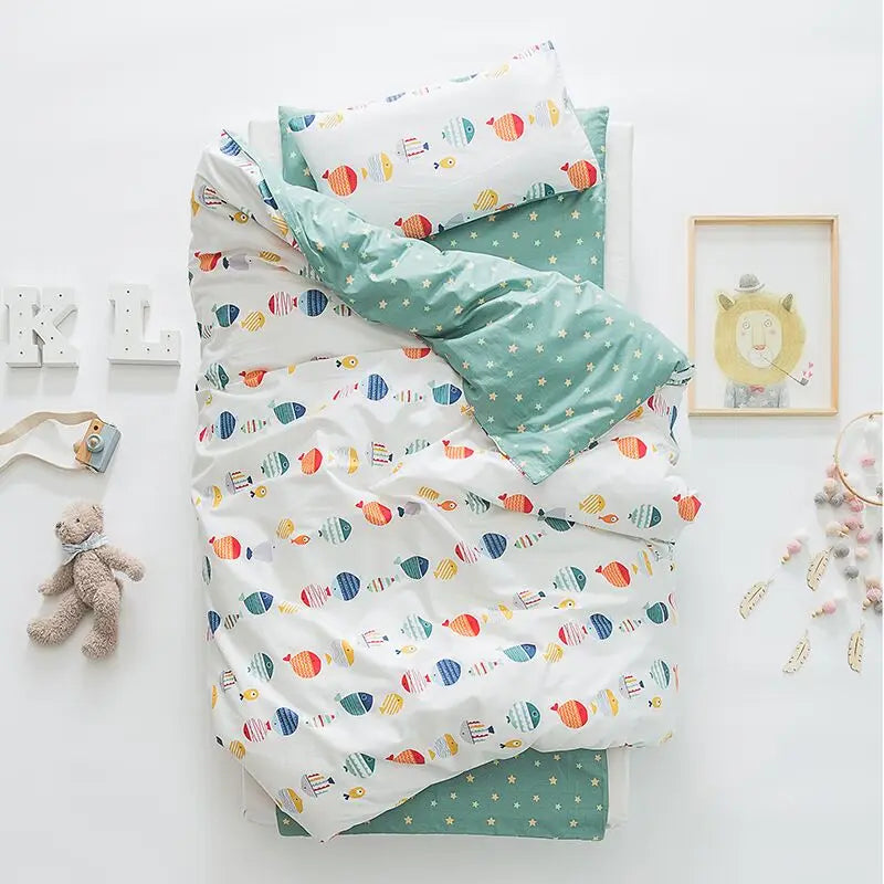 3Pcs Baby Bedding Set Cute Animal Cotton Crib Bed Linen with Pillowcase, Bedsheet, Duvet Cover