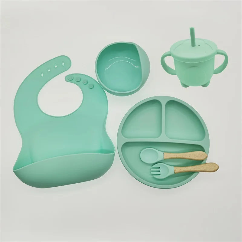 Children'S Dishes Set Baby Silicone 6/8-Piece Tableware Set Suction Cups Forks Spoons Bibs Straws Cups Mother and Baby Supplies